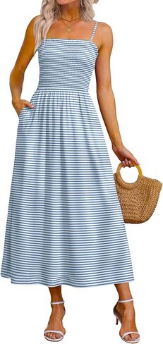 OFEEFAN Womens Spaghetti Strap Maxi Dresses Smocked with Pockets 2026 Summer Spring Casual Boho Beach Long Sundresses in Saudi Arabia