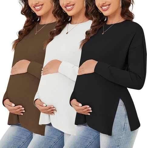 المرأة 3 حزم قمصان الأمومة طويلة الأكمام الجانب Ruched الحمل تي شيرت تجريب بلوزة تونيك ملابس ماما in Kuwait
