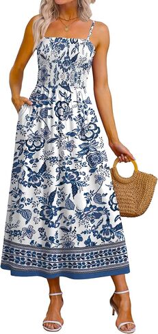 OFEEFAN Womens Spaghetti Strap Maxi Dresses Smocked with Pockets 2026 Summer Spring Casual Boho Beach Long Sundresses in Saudi Arabia