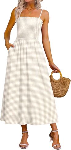 OFEEFAN Womens Spaghetti Strap Maxi Dresses Smocked with Pockets 2026 Summer Spring Casual Boho Beach Long Sundresses in Saudi Arabia
