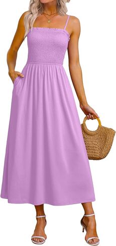 OFEEFAN Womens Spaghetti Strap Maxi Dresses Smocked with Pockets 2026 Summer Spring Casual Boho Beach Long Sundresses in Saudi Arabia