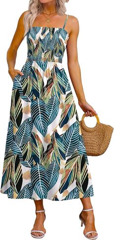 OFEEFAN Womens Spaghetti Strap Maxi Dresses Smocked with Pockets 2026 Summer Spring Casual Boho Beach Long Sundresses in Saudi Arabia