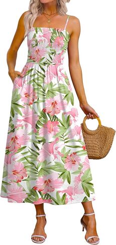 OFEEFAN Womens Spaghetti Strap Maxi Dresses Smocked with Pockets 2026 Summer Spring Casual Boho Beach Long Sundresses in Saudi Arabia