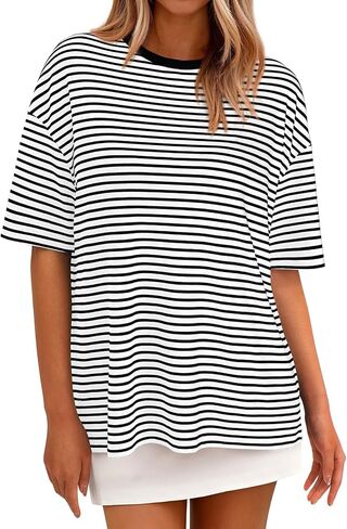 PRETTYGARDEN Womens Oversized Cute Tops Casual Striped Short Sleeve Shirt Women Trendy 2026 Spring Fashion Basic Tees Blouse in Saudi Arabia