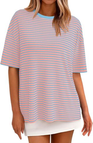PRETTYGARDEN Womens Oversized Cute Tops Casual Striped Short Sleeve Shirt Women Trendy 2026 Spring Fashion Basic Tees Blouse in Saudi Arabia