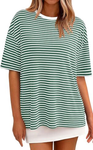 PRETTYGARDEN Womens Oversized Cute Tops Casual Striped Short Sleeve Shirt Women Trendy 2026 Spring Fashion Basic Tees Blouse in Saudi Arabia