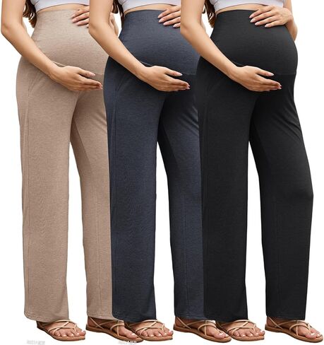 3 قطع من سراويل الأمومة النسائية فوق البطن سراويل الحمل القابلة للتمدد فضفاضة واسعة الساق سراويل العمل مع جيوب in Kuwait