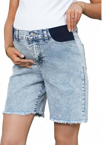 BLENCOT Maternity Bermuda Shorts Bump-Friendly Stretchy Raw Hem Summer Jeans Pregnancy with Pockets in Saudi Arabia