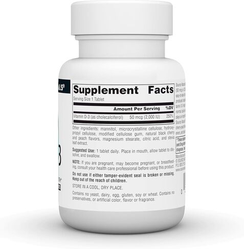 Source Naturals فيتامين د-3 2000 وحدة دولية يدعم صحة العظام والمناعة - نكهة الخوخ والكرز الأسود - 120 قرص سريع الذوبان in Saudi Arabia