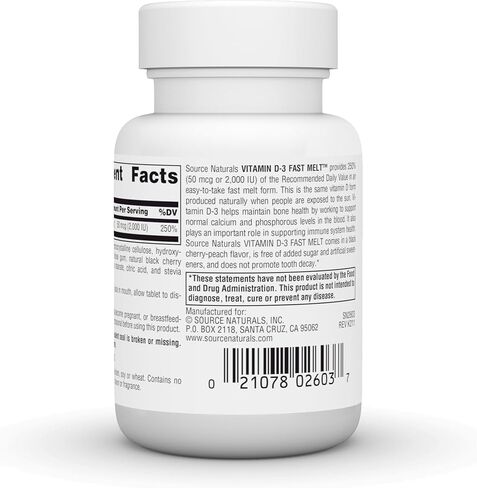 Source Naturals فيتامين د-3 2000 وحدة دولية يدعم صحة العظام والمناعة - نكهة الخوخ والكرز الأسود - 120 قرص سريع الذوبان in Saudi Arabia
