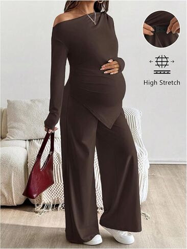 SweatyRocks Women's Maternity Clothes 2 Piece Fall Outfits Off Shoulder Ruched Top and Pants Pregnancy Matching Sets in Saudi Arabia