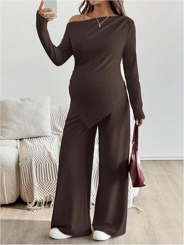 SweatyRocks Women's Maternity Clothes 2 Piece Fall Outfits Off Shoulder Ruched Top and Pants Pregnancy Matching Sets in Saudi Arabia