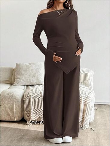 SweatyRocks Women's Maternity Clothes 2 Piece Fall Outfits Off Shoulder Ruched Top and Pants Pregnancy Matching Sets in Saudi Arabia