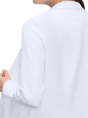 معطف مختبر أبيض للنساء مع 4 جيوب – معطف استشارة بأزرار أمامية وأكمام طويلة، قماش ناعم مطاطي in Kuwait