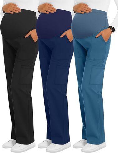 3 قطع من سراويل الحمل النسائية 6 جيوب، سراويل الحمل المريحة والمطاطة، سراويل الحمل ذات الساق المستقيمة in Kuwait