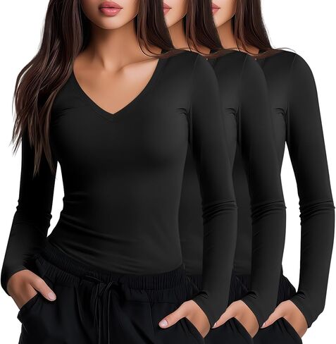Neer 3 Pack Women Long Sleeve Underscrubs Shirt V Neck Slim Fitted Scrub Undershirts Comfort Nurse Fall Layering Tees Tops in Saudi Arabia