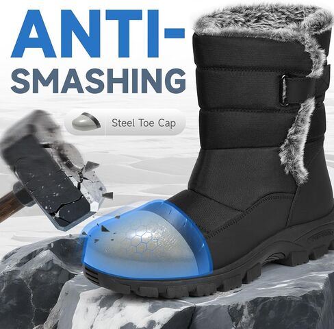 ANGRYRAM Winter Steel Toe Boots for Women Non Slip Warm Insulated Snow Boots Faux Fur Comfortable Mid Calf Safety Toe Furry Snow Shoes for Industry Construction Outdoor Winter in Saudi Arabia