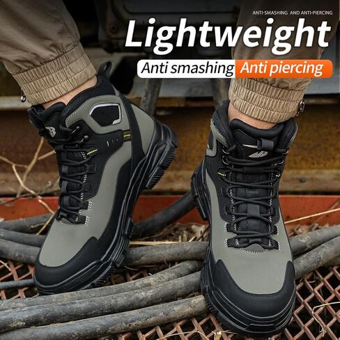 Mid-Topped Work Safety Shoes, Smash and Puncture Resistant Steel Toe Labour Insurance Shoes, Anti-Slip Labor Protection Boots, Comfortable Outdoor Adventure Protective Sneakers(EU 43) Black-Green in Saudi Arabia