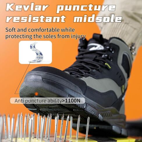 Mid-Topped Work Safety Shoes, Smash and Puncture Resistant Steel Toe Labour Insurance Shoes, Anti-Slip Labor Protection Boots, Comfortable Outdoor Adventure Protective Sneakers(EU 43) Black-Green in Saudi Arabia