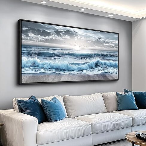 erqinhua ديكور جدار كبير لغرفة النوم جدار الفن لغرفة المعيشة ديكور المكتب الأزرق الشاطئ موجة البحر لوحات شروق الشمس المحيط المناظر البحرية جدار صور قماش عمل فني حديث ديكور المنزل إطار أسود 30 × 60 بوصة in Kuwait