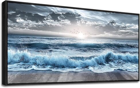 erqinhua ديكور جدار كبير لغرفة النوم جدار الفن لغرفة المعيشة ديكور المكتب الأزرق الشاطئ موجة البحر لوحات شروق الشمس المحيط المناظر البحرية جدار صور قماش عمل فني حديث ديكور المنزل إطار أسود 30 × 60 بوصة in Kuwait