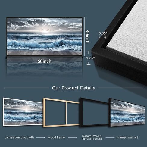 erqinhua ديكور جدار كبير لغرفة النوم جدار الفن لغرفة المعيشة ديكور المكتب الأزرق الشاطئ موجة البحر لوحات شروق الشمس المحيط المناظر البحرية جدار صور قماش عمل فني حديث ديكور المنزل إطار أسود 30 × 60 بوصة in Kuwait