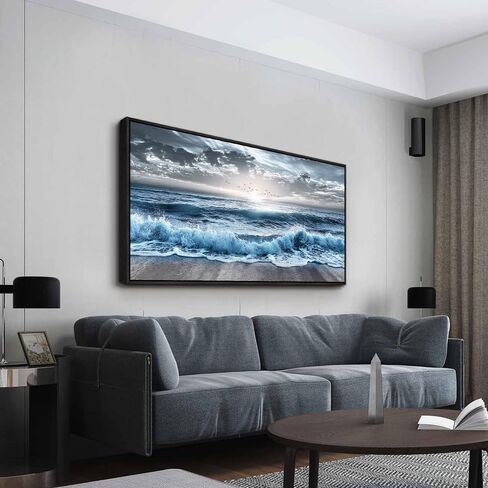 erqinhua ديكور جدار كبير لغرفة النوم جدار الفن لغرفة المعيشة ديكور المكتب الأزرق الشاطئ موجة البحر لوحات شروق الشمس المحيط المناظر البحرية جدار صور قماش عمل فني حديث ديكور المنزل إطار أسود 30 × 60 بوصة in Kuwait