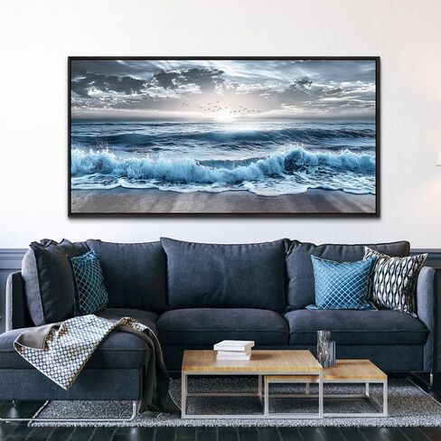 erqinhua ديكور جدار كبير لغرفة النوم جدار الفن لغرفة المعيشة ديكور المكتب الأزرق الشاطئ موجة البحر لوحات شروق الشمس المحيط المناظر البحرية جدار صور قماش عمل فني حديث ديكور المنزل إطار أسود 30 × 60 بوصة in Kuwait