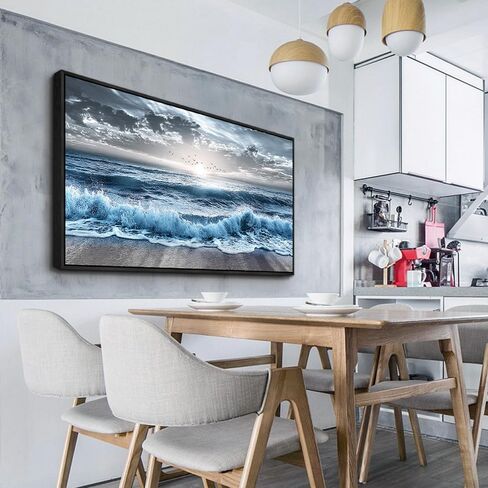 erqinhua ديكور جدار كبير لغرفة النوم جدار الفن لغرفة المعيشة ديكور المكتب الأزرق الشاطئ موجة البحر لوحات شروق الشمس المحيط المناظر البحرية جدار صور قماش عمل فني حديث ديكور المنزل إطار أسود 30 × 60 بوصة in Kuwait