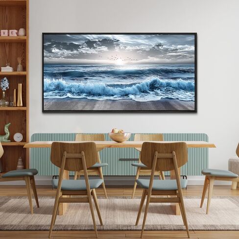 erqinhua ديكور جدار كبير لغرفة النوم جدار الفن لغرفة المعيشة ديكور المكتب الأزرق الشاطئ موجة البحر لوحات شروق الشمس المحيط المناظر البحرية جدار صور قماش عمل فني حديث ديكور المنزل إطار أسود 30 × 60 بوصة in Kuwait