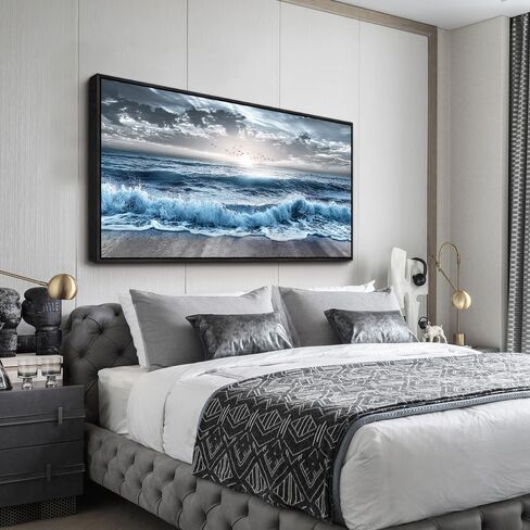 erqinhua ديكور جدار كبير لغرفة النوم جدار الفن لغرفة المعيشة ديكور المكتب الأزرق الشاطئ موجة البحر لوحات شروق الشمس المحيط المناظر البحرية جدار صور قماش عمل فني حديث ديكور المنزل إطار أسود 30 × 60 بوصة in Kuwait