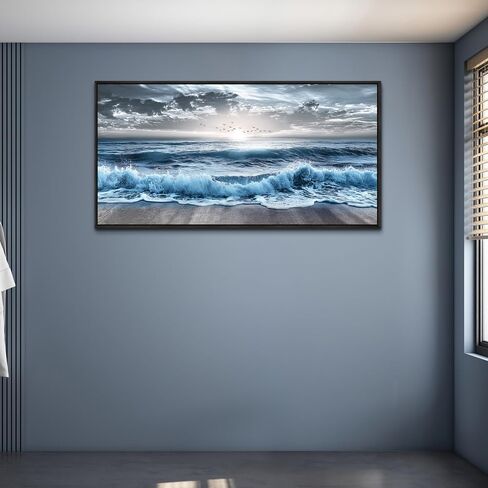 erqinhua ديكور جدار كبير لغرفة النوم جدار الفن لغرفة المعيشة ديكور المكتب الأزرق الشاطئ موجة البحر لوحات شروق الشمس المحيط المناظر البحرية جدار صور قماش عمل فني حديث ديكور المنزل إطار أسود 30 × 60 بوصة in Kuwait