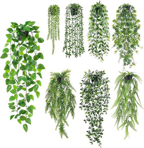 Der Rose 4Pcs Fake Plants Hanging Artificial Ivy Vine Faux Eucalyptus Hanging Plants, Boston Fern, String of Pearls for Living Room Bedroom Boho Wall Shelf Indoor Outdoor Decor in Saudi Arabia