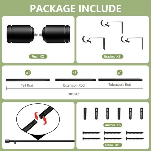 5/8" Diameter Curtain Rods 30-90 Inch, for 30-84 Inch Windows, Adjustable Splicing Black Curtain Rods for Windows with Brackets, Window Rod Long Small Curtains Rod in Kuwait