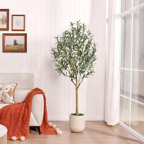 VeriNatual Artificial Olive Tree 6ft, Faux Olive Trees with White Tall Planter for Home Decor Indoor, Large Fake Tree with Realistic Leaves & Lifelike Fruits for Living Room Office Modern Decor in Saudi Arabia