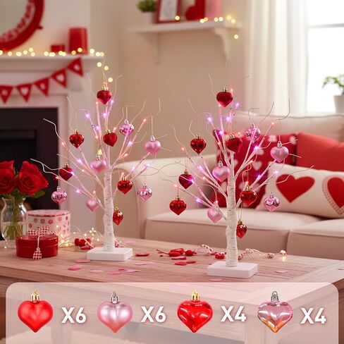 زينة عيد الحب 2 حزمة شجرة البتولا مع زخارف معلقة على شكل قلب، أشجار صناعية مضاءة مع 24 مصباح LED وردي وأحمر، غصين مضيء يعمل بالبطارية لطاولة المنزل الداخلية in Kuwait