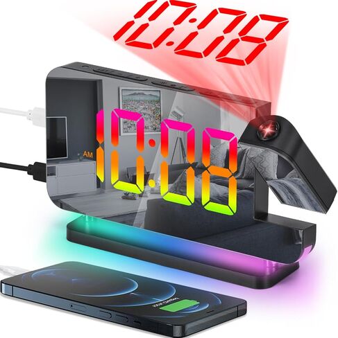 SZELAM Projection Alarm Clock,7.4 in LED Mirror Digital Clocks Projection on Ceiling Wall,with RGB Night Light,USB C Charging Port,Auto Dimming,Modern Desk Clock for Bedroom Decor - Rose Gold in Saudi Arabia