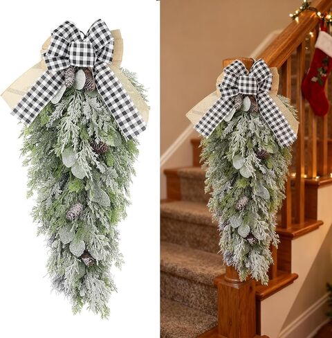 31" Christmas Teardrop Swags, Artificial Christmas Snow Teardrop Swag with Red Berries, Golden Bell, Frosted Foliage, Winter Teardrop Swag Wreath for Decorating Front Door (Winter Wonderland Style) in Kuwait