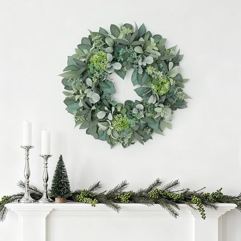 24 Inch Winter Wreath for Front Door, Out Door Eucalyptus Greenery Wreath with Berries, Outdoor Green Eucalyptus Decor for Farmhouse Home in Saudi Arabia