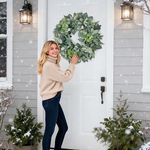 24 Inch Winter Wreath for Front Door, Out Door Eucalyptus Greenery Wreath with Berries, Outdoor Green Eucalyptus Decor for Farmhouse Home in Saudi Arabia