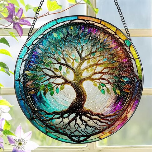 نافذة من الزجاج الملون معلقة، LAOWEIKI 8 بوصة شجرة الحياة Suncatcher، زخرفة الزجاج الملون، Suncatchers لتعليق النوافذ، ديكور النوافذ، في الهواء الطلق أو في الداخل، هدايا للأم والجدة والزوجة والأسرة in Kuwait