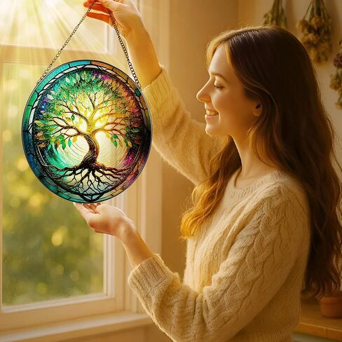 نافذة من الزجاج الملون معلقة، LAOWEIKI 8 بوصة شجرة الحياة Suncatcher، زخرفة الزجاج الملون، Suncatchers لتعليق النوافذ، ديكور النوافذ، في الهواء الطلق أو في الداخل، هدايا للأم والجدة والزوجة والأسرة in Kuwait