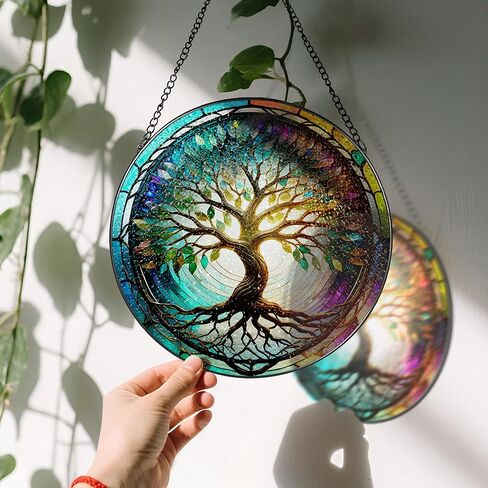 نافذة من الزجاج الملون معلقة، LAOWEIKI 8 بوصة شجرة الحياة Suncatcher، زخرفة الزجاج الملون، Suncatchers لتعليق النوافذ، ديكور النوافذ، في الهواء الطلق أو في الداخل، هدايا للأم والجدة والزوجة والأسرة in Kuwait