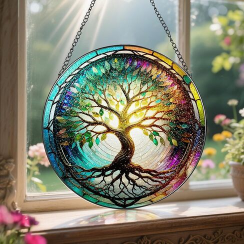 نافذة من الزجاج الملون معلقة، LAOWEIKI 8 بوصة شجرة الحياة Suncatcher، زخرفة الزجاج الملون، Suncatchers لتعليق النوافذ، ديكور النوافذ، في الهواء الطلق أو في الداخل، هدايا للأم والجدة والزوجة والأسرة in Kuwait