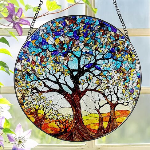 نافذة من الزجاج الملون معلقة، LAOWEIKI 8 بوصة شجرة الحياة Suncatcher، زخرفة الزجاج الملون، Suncatchers لتعليق النوافذ، ديكور النوافذ، في الهواء الطلق أو في الداخل، هدايا للأم والجدة والزوجة والأسرة in Kuwait
