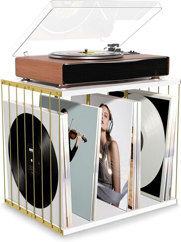 Emfogo Vinyl Record Storage, Metal & Wooden Vinyl Record Holder Up to 80 Album, 3-Compartment Record Player Stand for Magazine, Book, Files, Albums (White) in Kuwait