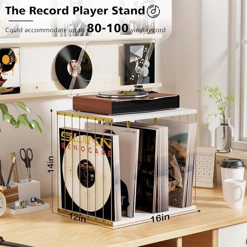 Emfogo Vinyl Record Storage, Metal & Wooden Vinyl Record Holder Up to 80 Album, 3-Compartment Record Player Stand for Magazine, Book, Files, Albums (White) in Saudi Arabia