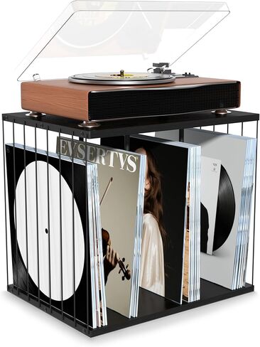 Emfogo Vinyl Record Storage, Metal & Wooden Vinyl Record Holder Up to 80 Album, 3-Compartment Record Player Stand for Magazine, Book, Files, Albums (White) in Saudi Arabia
