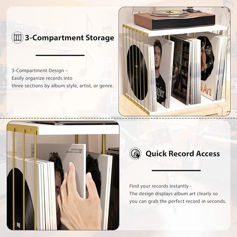 Emfogo Vinyl Record Storage, Metal & Wooden Vinyl Record Holder Up to 80 Album, 3-Compartment Record Player Stand for Magazine, Book, Files, Albums (White) in Saudi Arabia