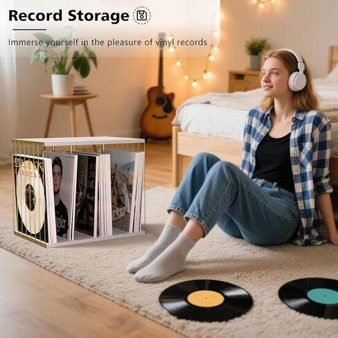 Emfogo Vinyl Record Storage, Metal & Wooden Vinyl Record Holder Up to 80 Album, 3-Compartment Record Player Stand for Magazine, Book, Files, Albums (White) in Saudi Arabia